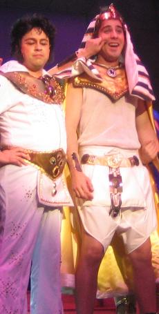 Actors Alec Vildosa (left), who plays the pharaoh, and James Blashaw (right), who stars as Joseph, stand united after Joseph makes an allegiance to the pharaoh.h.