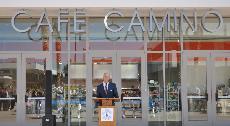 President Thomas Fallo giving a speech at the grand opening of Cafe Camino located behind the Humanities Building in the new Humanities Mall.