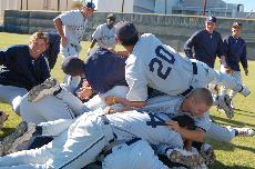 The Warriors celebrate after beating East Los Angeles College 6-2 at Cal State Los Angeles on April 29, 2010.