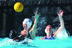 Goalie Tara Yeno and Kristine Wand defend the goal valiantly against a Long Beach City College offensive strike.