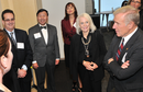 From left, Kate McLaughlin, journalism instructor, gives Scott Himelstein, Lance Izumi, Rachael Richards, Barbara Davis-Lyman and Peter MacDugall, board of governors of the California Community Colleges, a tour of the journalism departments newsroom Mond