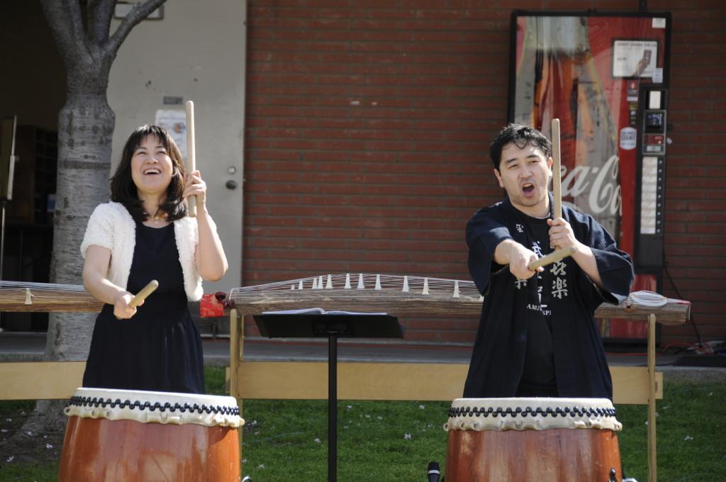 From left, Yukiko Matsuyama and Edward Nakashima from the Taiko Center of Los Angeles  preforms a traditional Japanese song on the Taiko's at the Cherry Blossom Festival. Photo credit: Amira Petrus