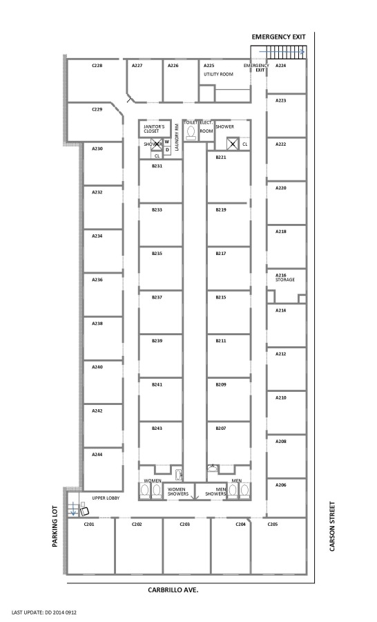 A floor plan of the second floor of the Studios on Cabrillo, located at Carson Street and Cabrillo Avenue in Torrance. The building can house 65 to 70 students. Photo courtesy of Wayne Dolan, project manager.