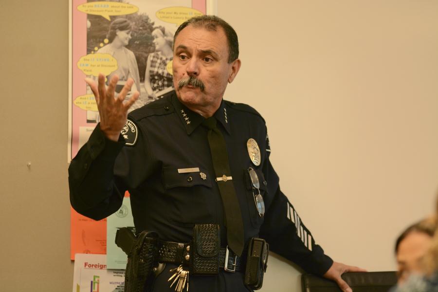 EC Police Chief Michael Trevis addressed faculty today at a Humanities Division meeting about recent death threats a student made toward a teacher, administrators, parents, and children. Photo credit: John Fordiani