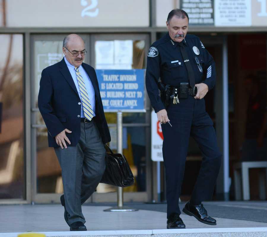 Vice President of Academic Affairs Francisco Arce and EC Police Chief Michael Trevis leave Torrance Courthouse after testifying at James Lemus preliminary hearing Tuesday. Lemus is due back in court on Nov. 19 at Torrance Courthouse. Photo credit: John Fordiani