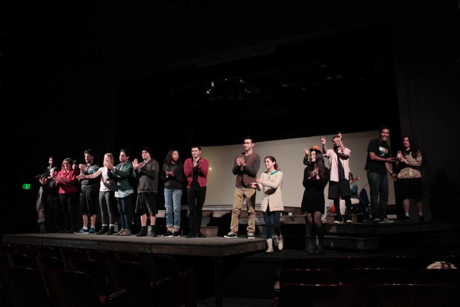 The cast of The Laramie Project ends a dress rehearsal in the Campus Theatre last week before the production takes to the stage in front of an audience this weekend. Photo credit: Rosendo Vargas