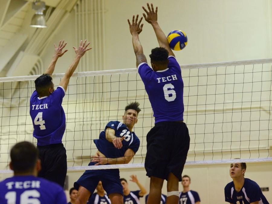 Warriors outside hitter Casey Wood spikes the ball past L.A. Trade Tech on Friday March 13. The Warriors defeated the Beavers 3-0. The mens volleyball team stands at 12-1 so far this semster and 5-1 in the Western State Conference. Photo credit: John Fordiani