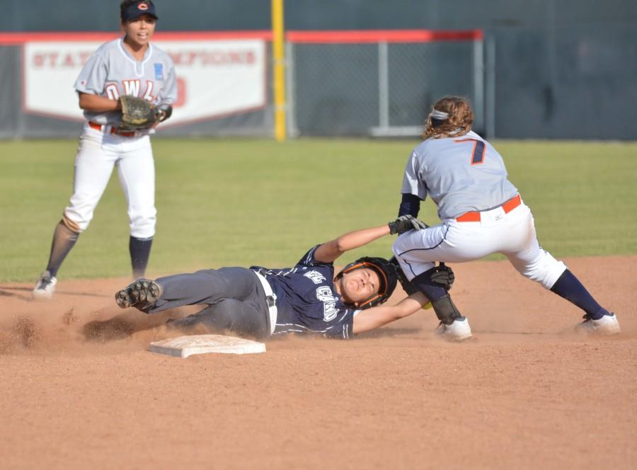 Sophomore shortstop Tori Garcia slides to second base in the sixth inning against Citrus College. The Warriors defeated the Owls 7-2 at Palomar College on Saturday. Photo credit: John Fordiani