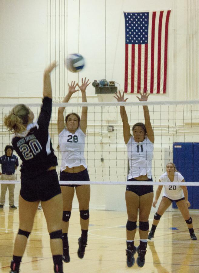 Warriors Victoria Curtice and Skyler Ceballos get ready to return a spike against Santa Monica College. The Warriors won 3-0 against Santa Monica College on Aug. 2. Photo credit: Hunter Lee