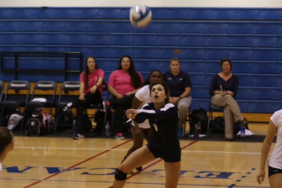 Sophomore libero Brooke Russell digs the ball during a home game against Pasadena City College. The Warriors defeated the Lancers with a 3-1 win on Tuesday, Oct. 27. Photo credit: Jo Rankin