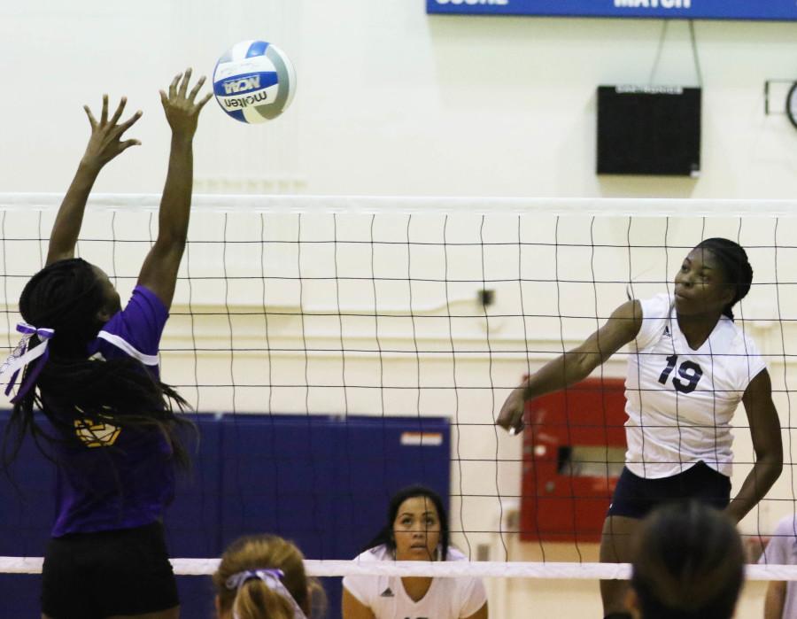 Freshman outside hitter Tessy Beth Iwuh spikes the ball during a game against L.A. Trade Tech this Friday, Oct. 30. The Warriors swept L.A. Trade Tech in three sets. Photo credit: Jo Rankin