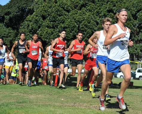 Freshmen Michael Moody (front) and David Hodges (behind) competed in a dense field of runners at the CCCAA SoCal Regional championships Friday morning. Photo courtesy of coach Dean Lofgren.