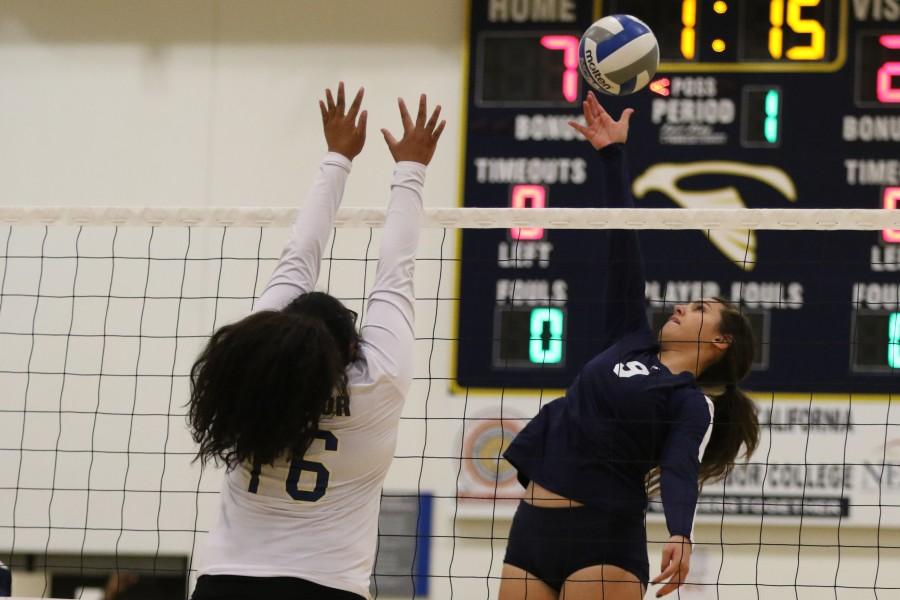 Warriors sophomore middle blocker Jewell Yandall looks to tip the ball over Seahawks Miranda Reza. El Caminos womens volleyball defeated L.A. Harbor College 3-0 in sets (25-12, 25-8, 25-7) on Friday, Nov. 13.