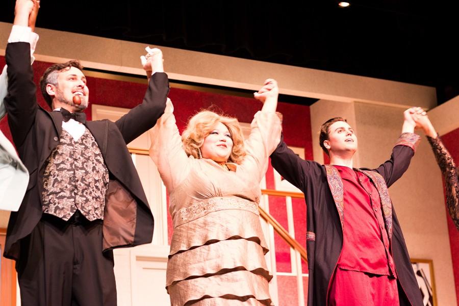 Cast members of the play, Rumors, take a bow after their performance. The farcical comedy will have their final showings March 4-6 in the Marsee Auditorium. Photo credit: Alisa Banks