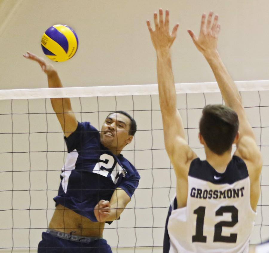 Sophomore outside hitter Nehemiah Iosia attacks the ball against Grossmonts Dylan Hall Wednesday, Feb. 24. El Camino lost to Grossmont College, 3-1 in sets, while Iosia led the match with 17 kills. Photo credit: Jo Rankin