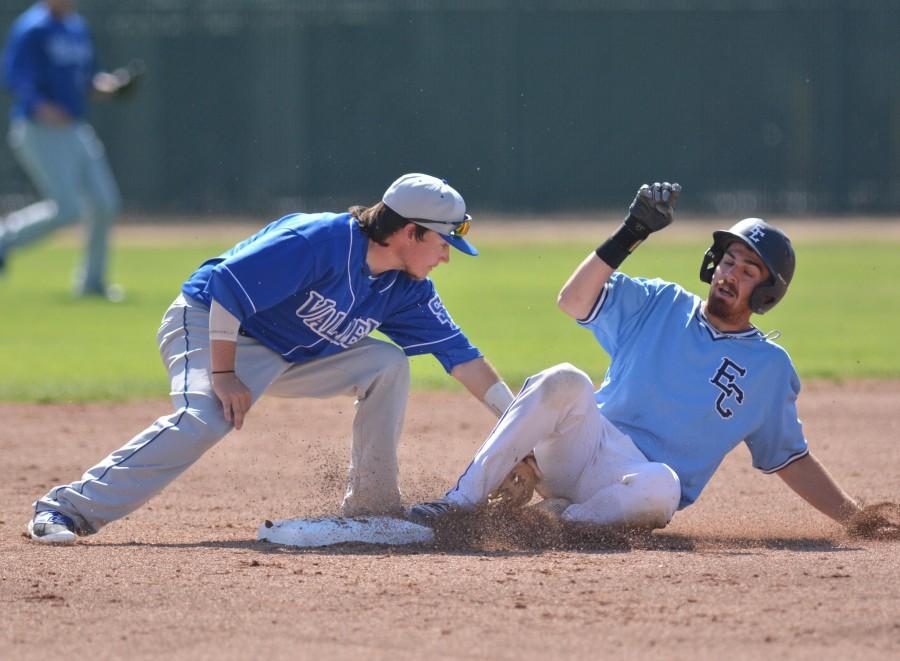 Sophomore first baseman Jake Sahagian slides into second base after a San Bernardino Valley College second baseman fails to get Sahagian out during the second inning. The Warriors defeat San Bernardino Valley College 5-2 on Saturday Feb. 20. Photo credit: John Fordiani