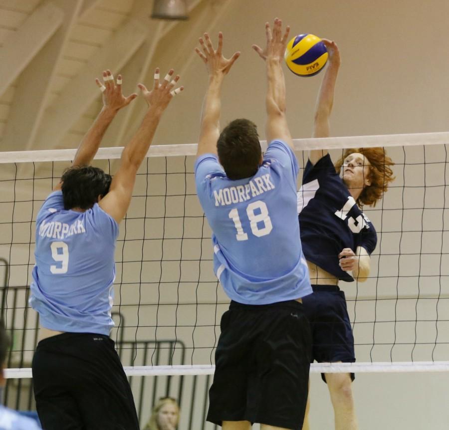 Sophomore outside hitter Josh Riblett attacks the ball in the first set during a game against Moorpark College Friday, March 25. Photo credit: Jo Rankin