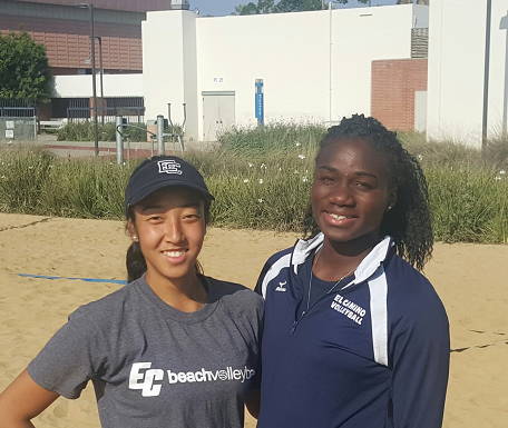 Sophomores Michelle Shimamoto (left) and Nickeisha Williams (right) pose for a photo after practice on March 1. They make up the No. 2 El Camino beach volleyball pair heading into the season. Photo credit: Phil Sidavong