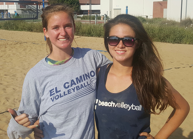 El Camino beach volleyballs Jessica Dow and Victoria Curtice pose after practice on Tuesday, March 1. They are the only freshman pair on this years starting line-up. Photo credit: Phil Sidavong