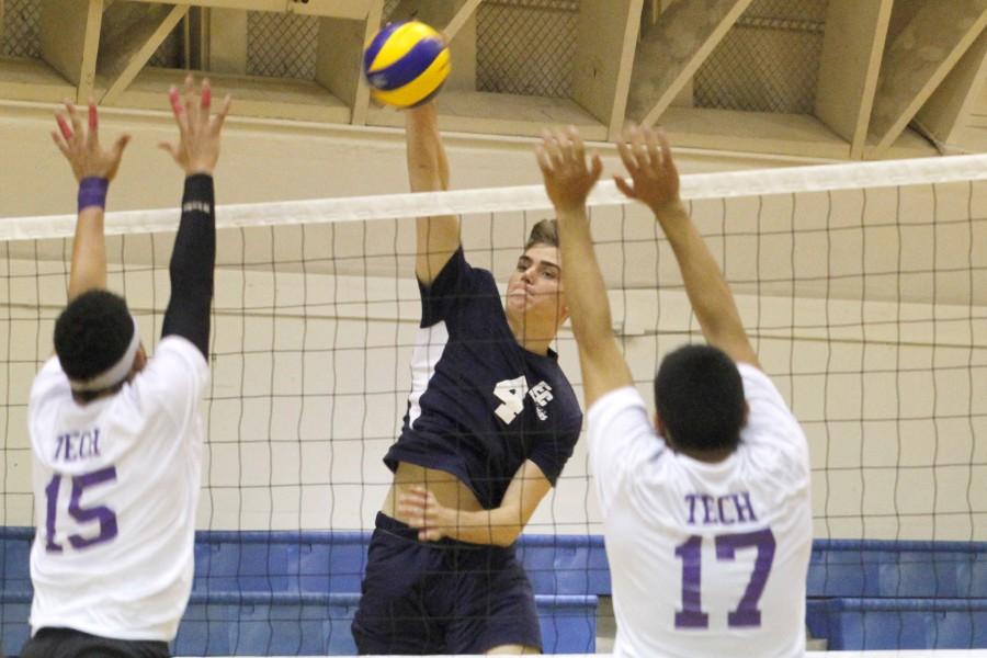 Freshman setter/outside hitter Josh Wood during an attack against L.A. Trade Tech College on Wednesday, March 9. The El Camino mens volleyball team swept the visiting Beavers 25-10, 25-20, 25-16. Photo credit: Sue Hong