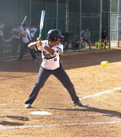 Freshman third baseman Maleigha Quintero focuses on the pitch against Pasadena College Tuesday April 19th. Photo credit: Gabriela Better