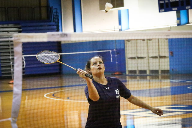 Jordan Alvira hits a drop shot against East Los Angeles college during a home game on April 15. Photo credit: Sue Hong