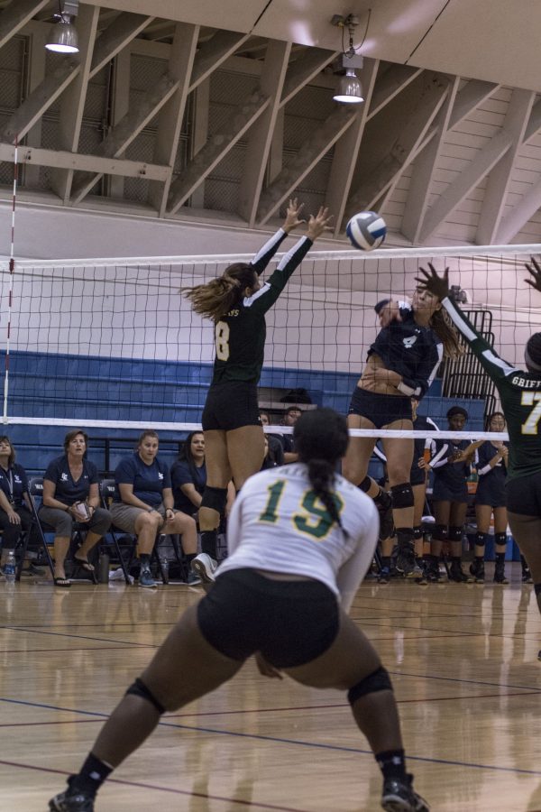Sophomore opposite hitter Taylor Brydon attacks the ball against the Grossmont College Griffins. The El Camino womens volleyball team was taken down in four sets on Friday. Photo credit: Elijah Hicks