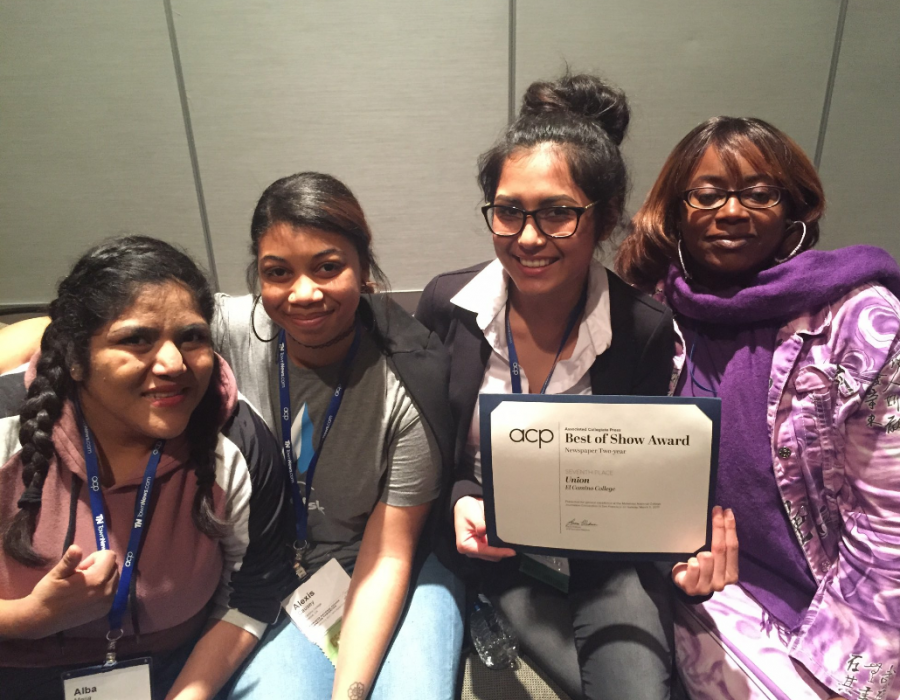 (Left) Alba Mejia, Alexis Caussey, Sierra Robles and Shontel Leake are editors and staff writers for The Union.
El Caminos student-run newspaper placed seventh in the nation at the Associated Collegiate Press Midwinter Convention on March 5. Photo credit: Stefanie Frith