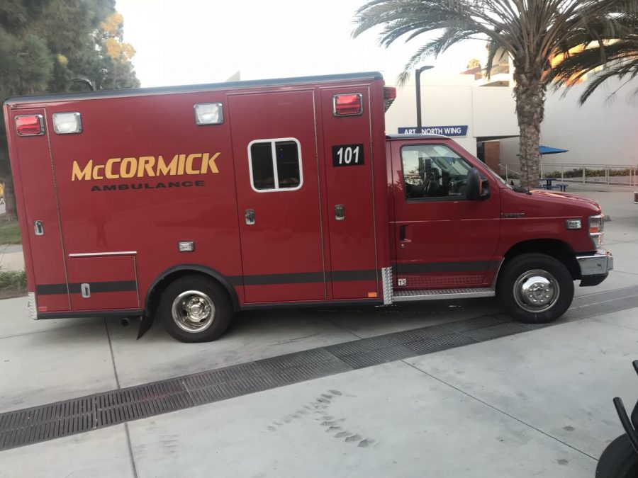 A McCormick ambulance stationed in front of the Student Health Center, transporting a female student to the hospital after having bleach thrown on her. Photo credit: Oshari Arnett