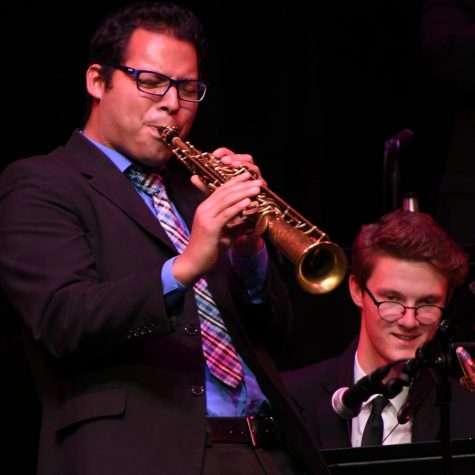 Guest artist Anibal Seminario solos on soprano sax with the ECC Concert Jazz Band at the Campus Theater, on Wednesday May 23, 2018. Photo credit: Jack Kan