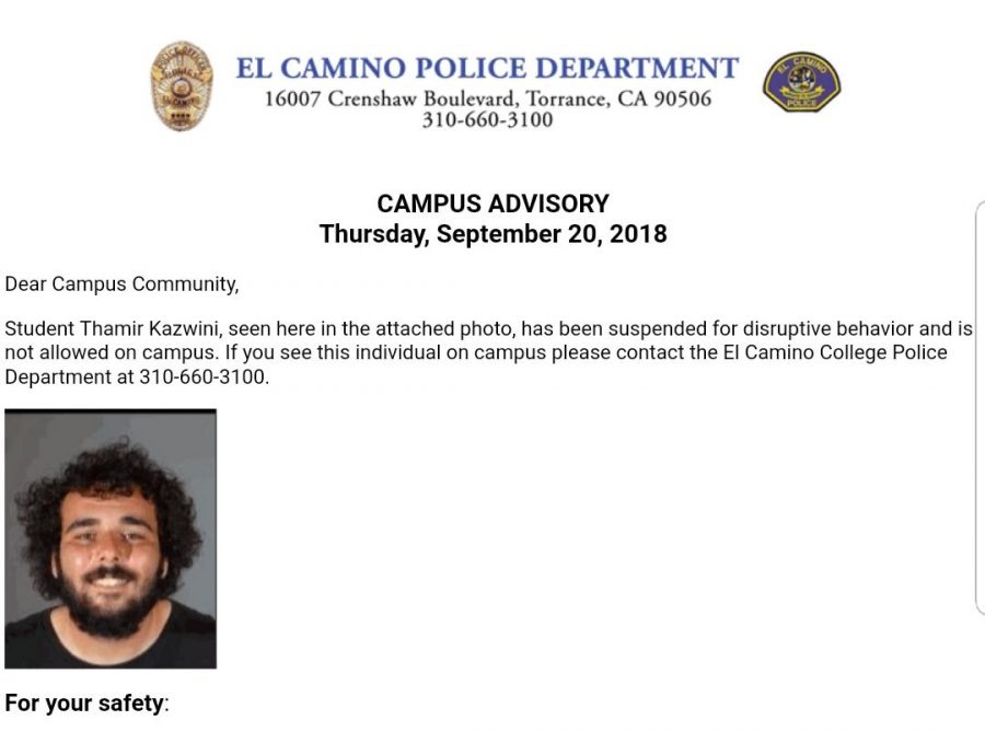 The campus advisory sent out Thursday, Sept. 17 showing Kazwinis name and photo.