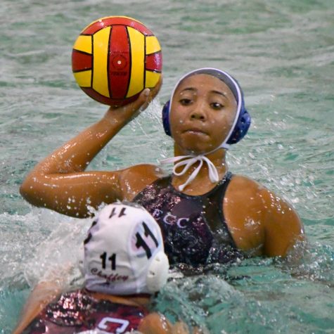 Sonni Garcia sets up to take a shot during the ECC vs Chaffey College water polo match at the ECC swimming pool on Monday, Oct. 8. Garcia scored 3 goals, but ECC lost the match 17-4. Photo credit: Jack Kan