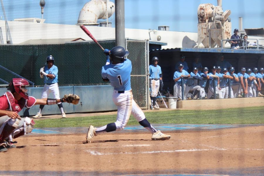 Warriors infielder Taishi Nakawake (No. 1) swinging for the fences versus Pasadena City College on Saturday, March 16 at Warrior Field. The Warriors scored seven runs alone in the seventh inning. Photo credit: Kealoha Noguchi