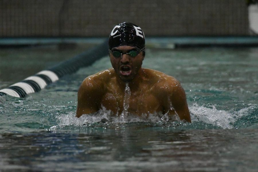 Warriors swimmer Javad Nahreni coming up for air during his event versus Long Beach City College on Friday, March 22, at the EC Pool. Photo credit: Jun Ueda