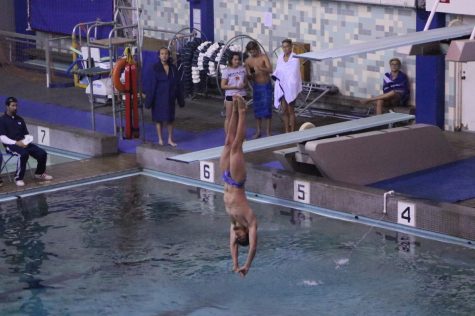 Tyler Trejo, 19, of the Warriors men's diving team warms up with an inward dive pike for the South Coast Conference Diving Championships at El Camino College on Friday, April 12. Photo credit: Rosemary Montalvo