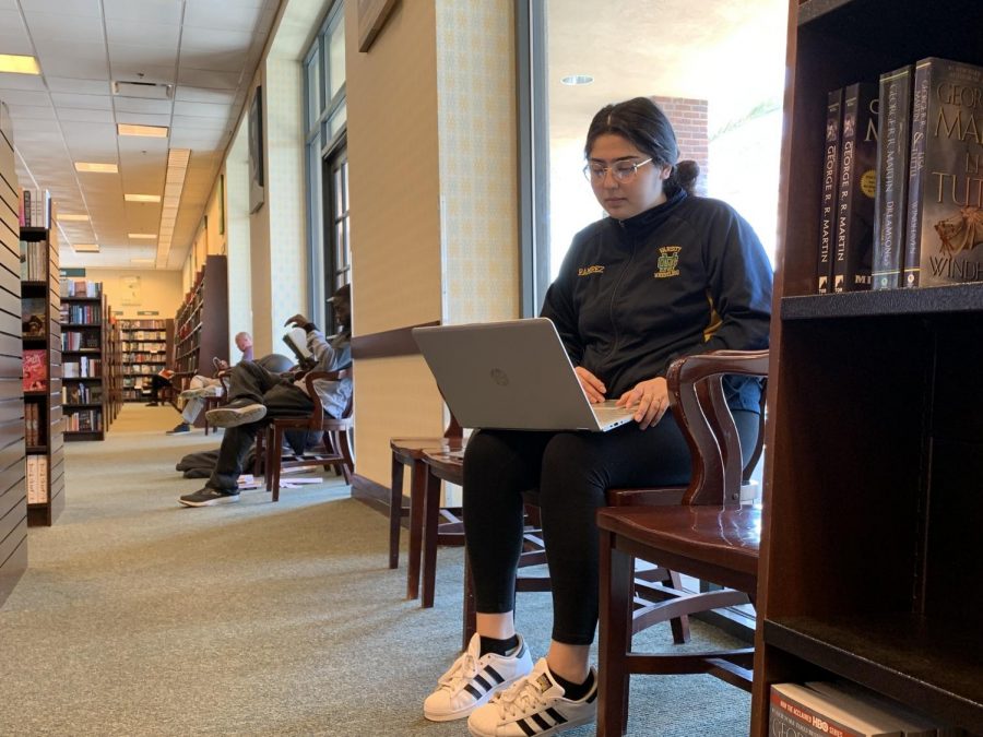 Bridgette Ramirez, 19, nursing major, works on a class assignment on her laptop at the top floor of a Barnes And Noble on May 11. It is an early Saturday morning and the quiet upstairs section of the bookstore brings Ramirez the solace needed to concentrate on her schoolwork. Besides being a full time student at El Camino College, she balances having a job at a daycare and must manage her time wisely. Photo credit: Kevin Caparoso
