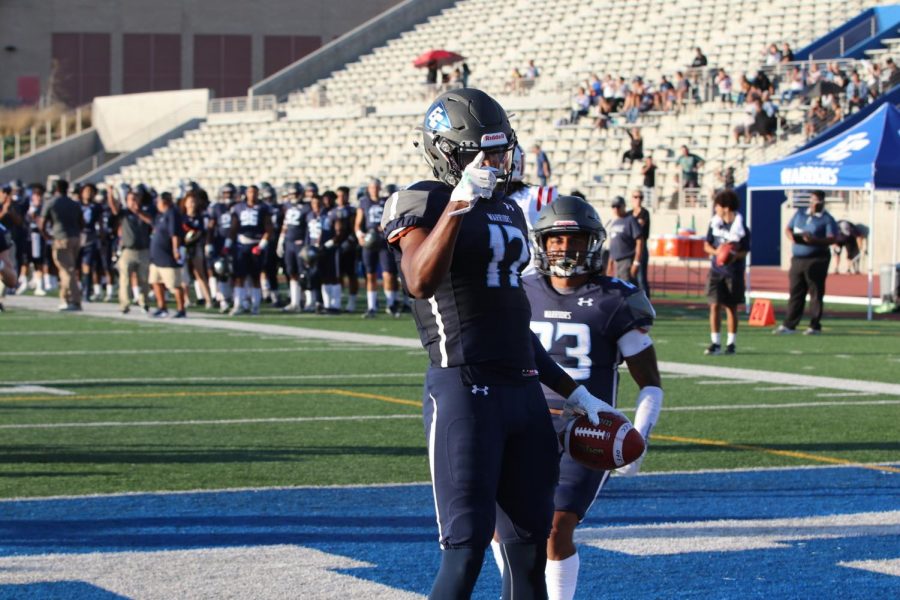 Wide receiver Taariq Johnson, of El Camino College, celebrates the first touchdown of the game, on Saturday, September 14, 2019. Alonso finished the game with two touchdowns. (David Alonso/ The Union) Photo credit: David Alonso