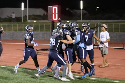 Wide receiver Robert Ferrel, of El Camino College, celebrates after scoring on a forty yard punt return touchdown, in the third quarter, on Saturday, Sept. 14. David Alonso/ The Union 