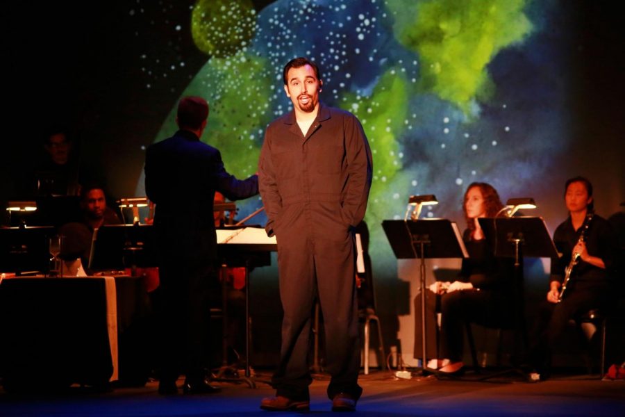 Anthony Moreno, the lead actor of The Janitor, sings about the Big Bang theory during the new comic opera on Saturday, Sept. 28 at the El Camino Campus Theatre. Mari Inagaki/The Union