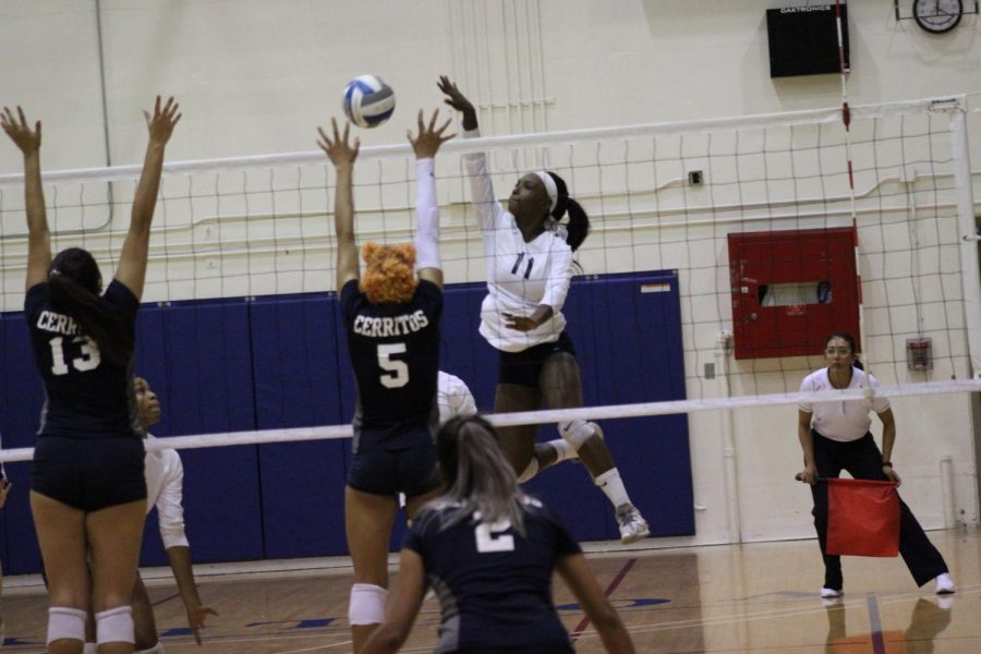 El Camino College womens volleyball team outside hitter Mikayla Clark spikes the ball against Cerritos College outside hitters Jackie Dixon and Alexia Torres Wednesday, Oct. 23, at the ECC South Gym. Clark finished the match with18 kills. Jaime Solis/The Union