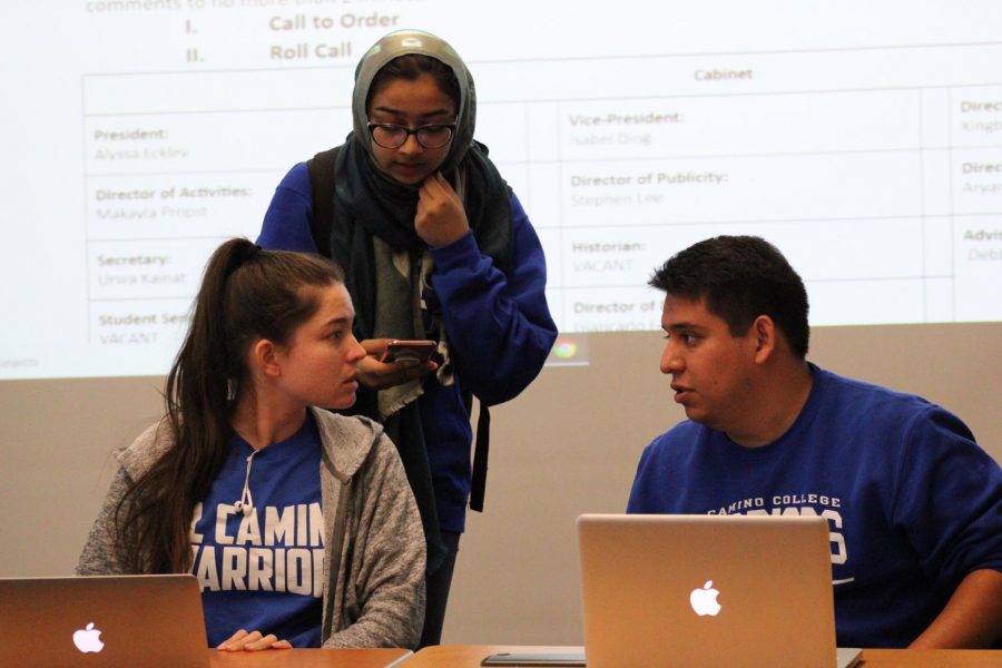 From left, Director of Activities Makayla Propst, Secretary Urwa Kainat and Director of Diversity Giancarlo Fernandez discuss an agenda item quietly during an Inter-Club Council meeting on Monday, Oct. 28. The Inter-Club Council recently cancelled the 2019 homecoming dance, a yearly tradition at El Camino College and will have a spirit week between Tuesday Nov. 12 and Thursday Nov. 14.  