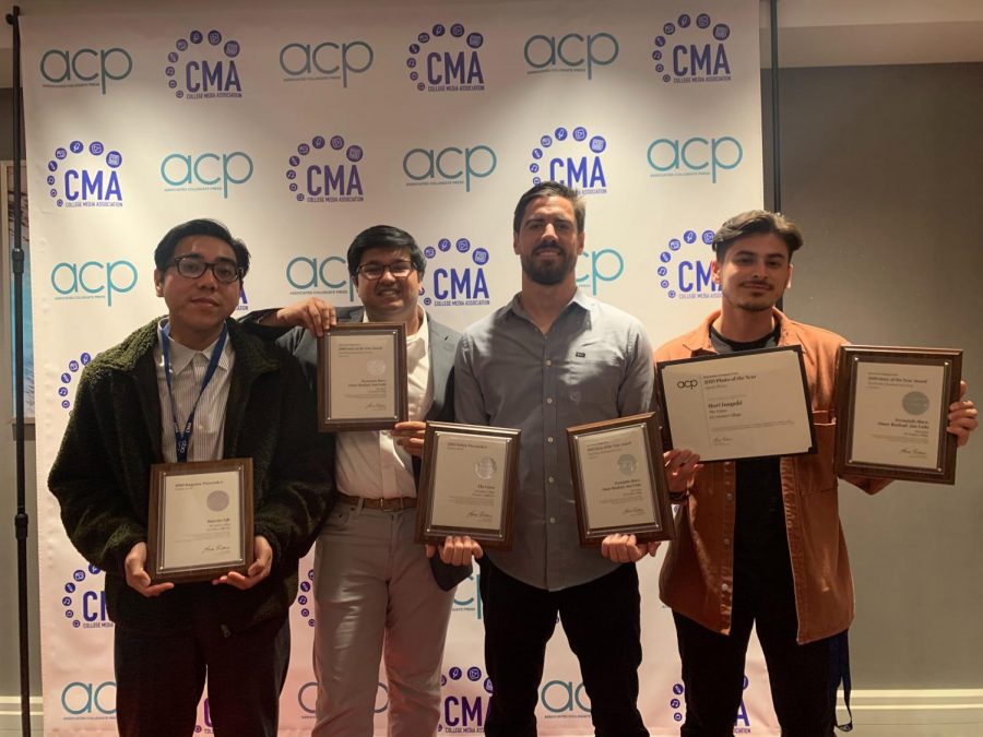 From left, Warrior Life Editor-in-Chief Kevin Caparaso and The Union’s Managing Editor and News Editor Omar Rashad, Copy Editor Ryan Farrell and Editor-in-Chief Fernando Haro receive awards at the National College Media Convention on Saturday, Nov. 2. The Union newspaper and Warrior Life magazine received national awards from the Assoicated Colegiate Press and College Media Association. Photo courtesy of Stefanie Frith, Student Media Advisor