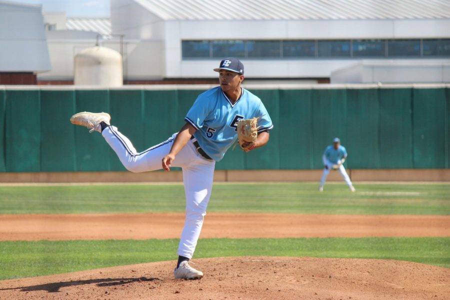 El+Camino+College+baseball+teams+pitcher+and+designated+hitter+Aaron+Orozco+gets+the+strikeout+of+a+Cerritos+College+hitter+in+the+top+of+the+sixth+inning+of+their+game+on+Saturday%2C+Feb.+29+at+Warrior+Field.+Orozco+pitched+a+complete+game+shutout+to+aid+the+Warriors+completed+the+season+sweep+of+Cerritos+College.+Kealoha+Noguchi%2FThe+Union