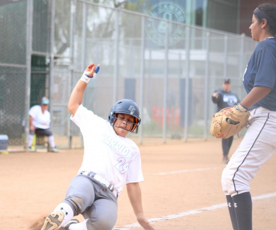 El Camino College softball team infielder Ria Cardreon slides home to score a run for the Warriors in the first inning of the game against Los Angeles Harbor College on Monday, March 9 at ECC softball field. The Warriors beat L.A. Harbor College 13-0. Jaime Solis/The Union