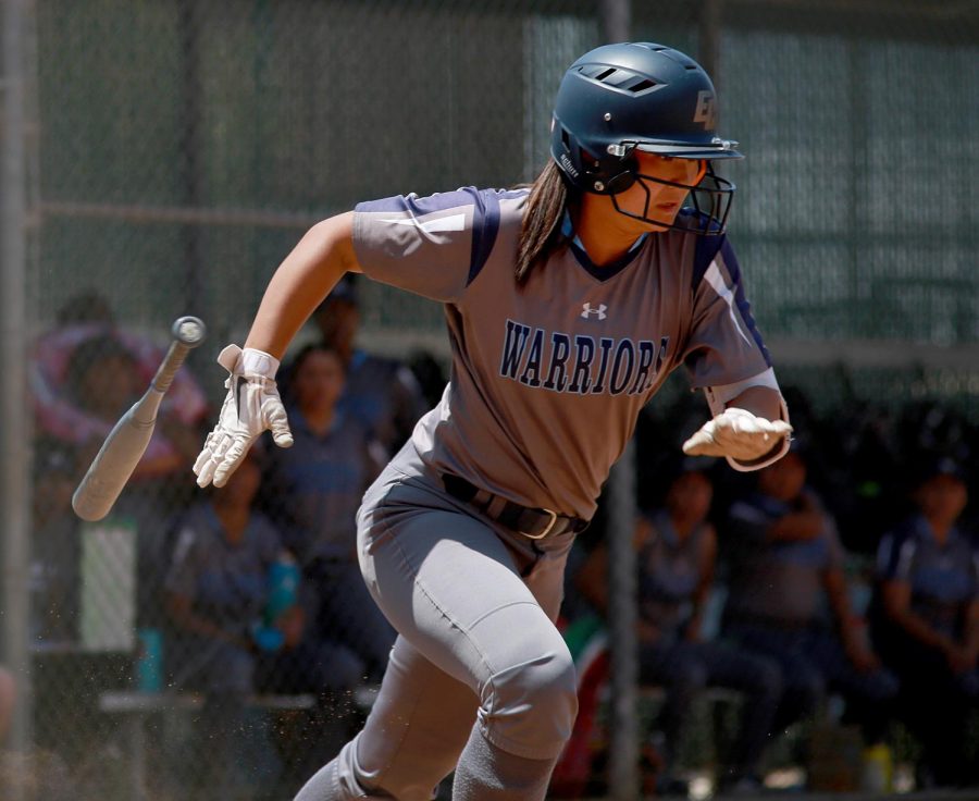 El Camino College softball player Mina Nakawake running to first base following a hit against San Diego Mesa College at ECC Softball Field on Saturday, May 4, 2019. Nakawake was one of four softball players from last year's team to be selected to the Academic All-State Team. Mari Inagaki/The Union