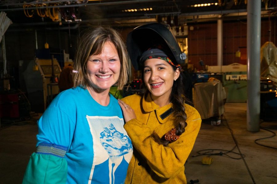 Renee Newell, welding professor at El Camino College [left] and Samantha Schreider at “the yard,” an outdoor space at The Center For Applied Technology on campus, Monday, Oct. 28, 2019. Photo credit: Justin Traylor