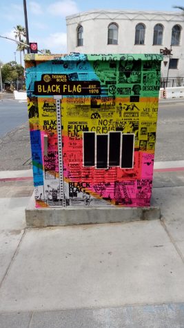A colorful utility box at Pier and Hermosa Avenues is another tribute to Hermosa Beach’s punk rock roots. Wrapped in Black Flag, Circle Jerks, Descendents and Pennywise flyers, it was unveiled in 2016. Photo credit: Elsa Rosales