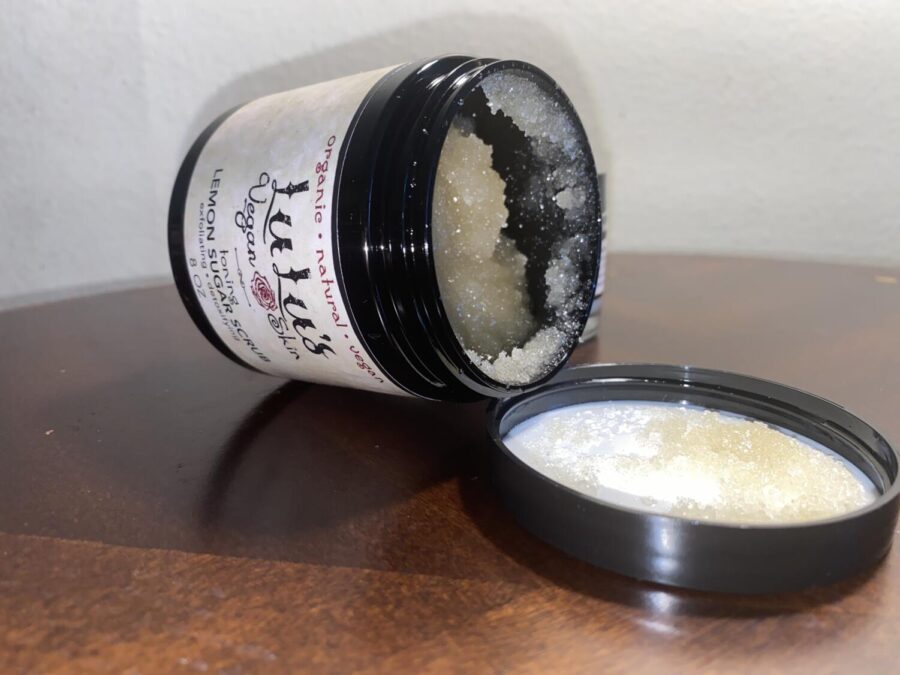 This lemon sugar exfoliating scrub, one of Lulu’s Vegan Skin products, claims to work for those with acne-prone skin and can leave the skin soft. “[Richards] had this lemon scrub. It is literally just sugar, lemon and lemon zest and like not that many ingredients,” Baker said. Image taken June 9.  (Zoha Jan/ The Union) Photo credit: Zoha Jan
