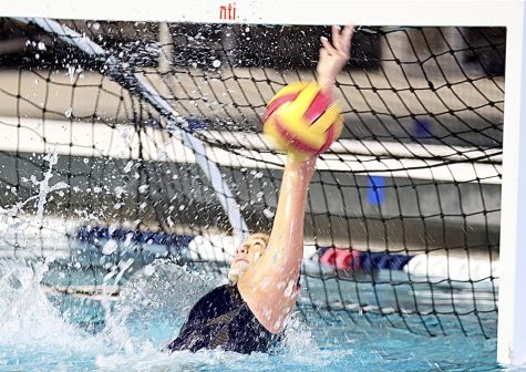 El Camino College Warriors Goalie Sophia Caravello (So.) blocks a shot during a South Coast Conference matchup against Chaffey College at the Torrance Aquatics Center in Torrance, CA, Wednesday, October 27, 2021. Caravello praised her team, stating "Our team dynamic has evolved a lot since the beginning of the season, understanding our strengths and weaknesses which we make up for in the pool, which shows a lot, especially with today&squot;s win."