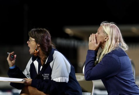 El Camino Head Coach Shelby Haroldson and Asst. Coach Monica Lizarraga-Papke yells out instructions to the Warriors during a South Coast Conference game against Chaffey College at the Torrance Aquatics Center in Torrance, CA, October 27, 2021. The Warriors defeated the Panthers 11-6, and will play in the Rio Hondo Mini Tournament on Friday, Oct. 29 at Rio Hondo College in Whittier, CA.